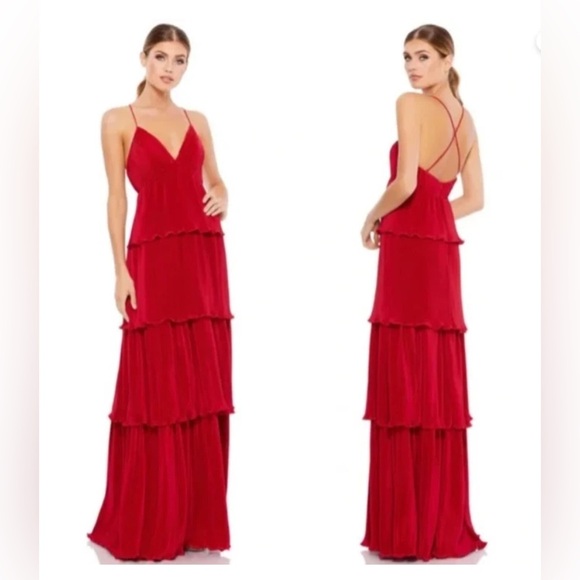 MAC DUGGAL 49083 SPAGHETTI STRAP RUFFLE LAYERED MAXI RED GOWN  sz 4 - Picture 1 of 11